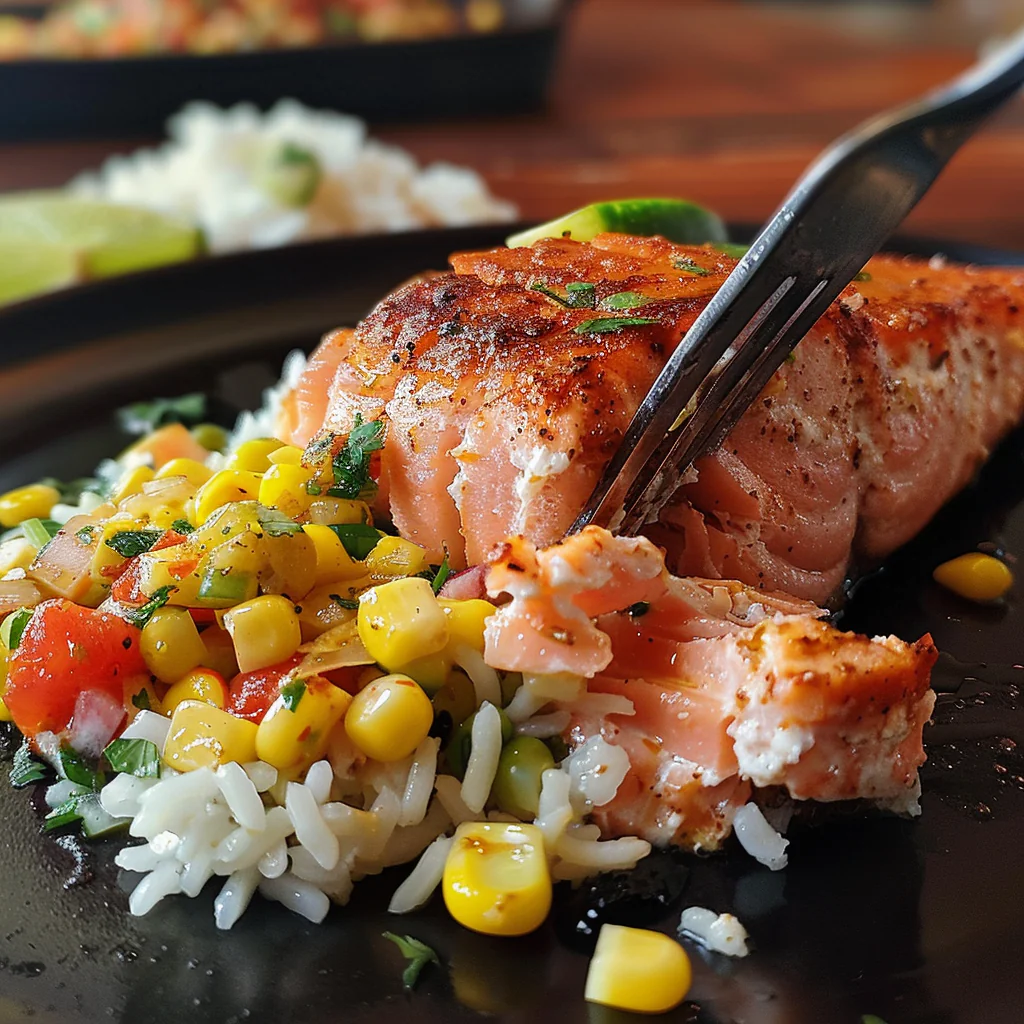 fresh ingredients for Flaky Baked Cajun Salmon With Roasted Corn Salsa And Cilantro Lime Rice For A Quick Summer Dinner