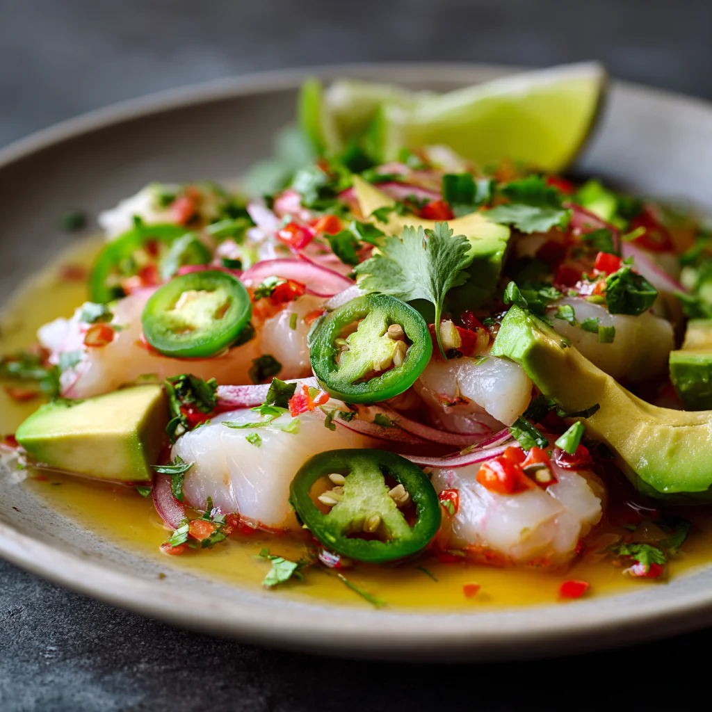 fresh ingredients for Fresh Halibut Ceviche With Avocado And JalapeñO, No Cooking Required