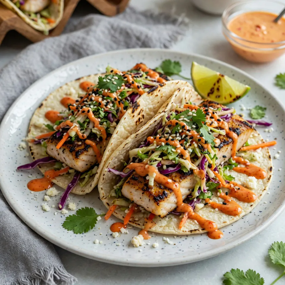 fresh ingredients for Grilled Mahi Mahi Fish Tacos With A Crunchy Slaw And Sriracha Mayo