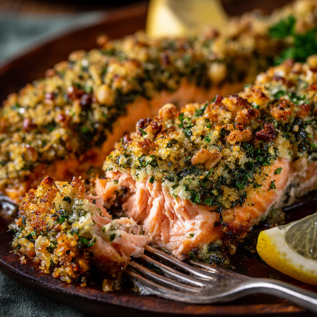 fresh ingredients for Healthy Baked Salmon With A Walnut Herb Crust And Roasted Asparagus