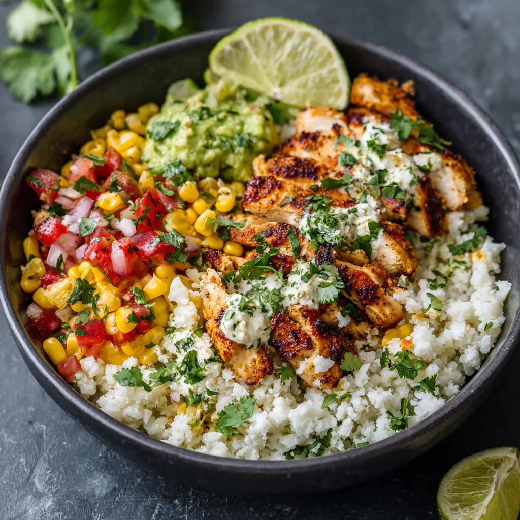 fresh ingredients for Healthy Chicken Burrito Bowls With Cilantro Lime Cauliflower Rice
