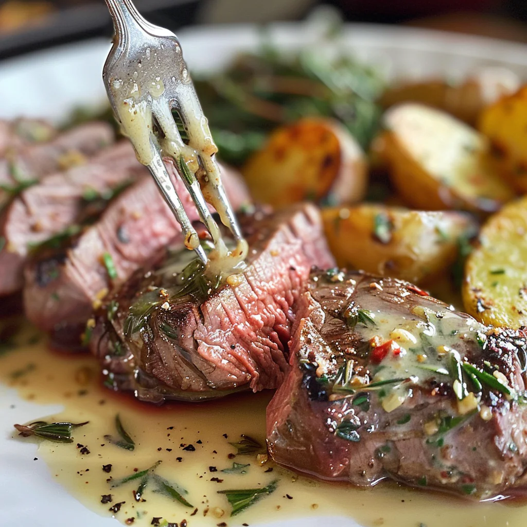 fresh ingredients for Hearty Steakhouse-Style Garlic Butter Beef Tenderloin Medallions With Crispy Rosemary Potatoes For A Special Occasion Dinner