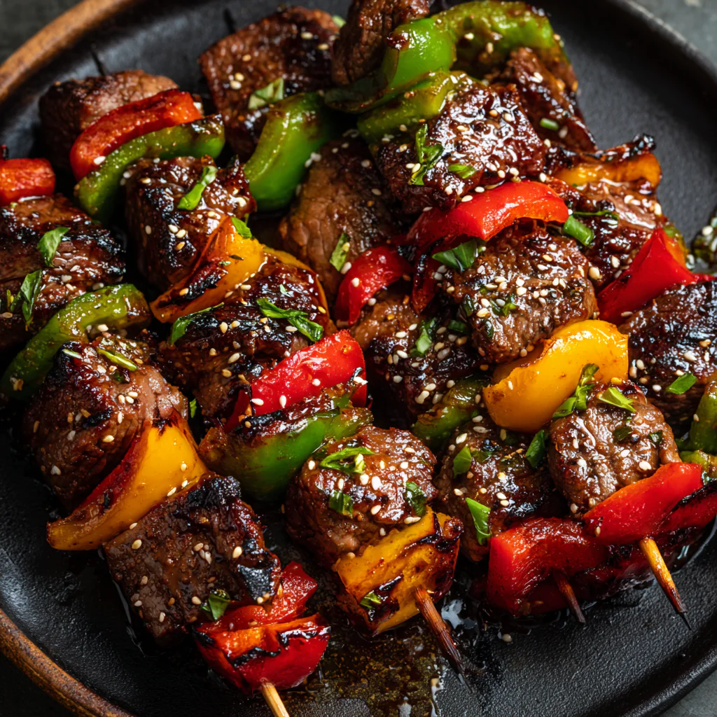 fresh ingredients for Juicy Teriyaki Beef Skewers With Bell Peppers For The Ultimate Summer BBQ