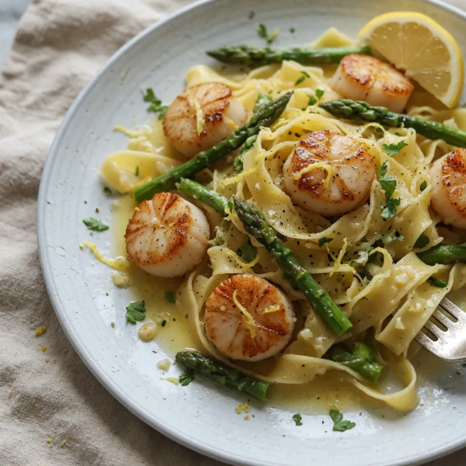 fresh ingredients for Lemon Butter Scallop Pasta With Asparagus