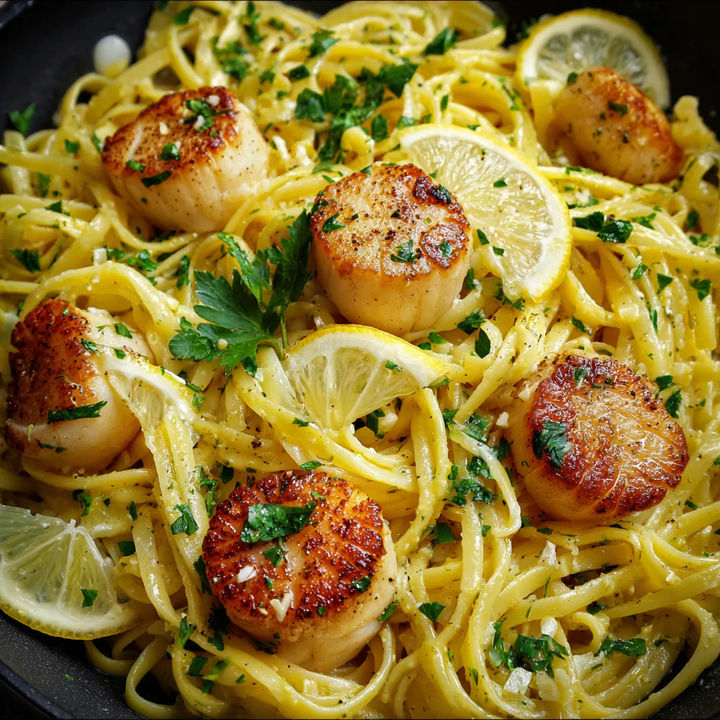 fresh ingredients for Light And Lemony Linguine With Pan-Seared Scallops And Fresh Parsley