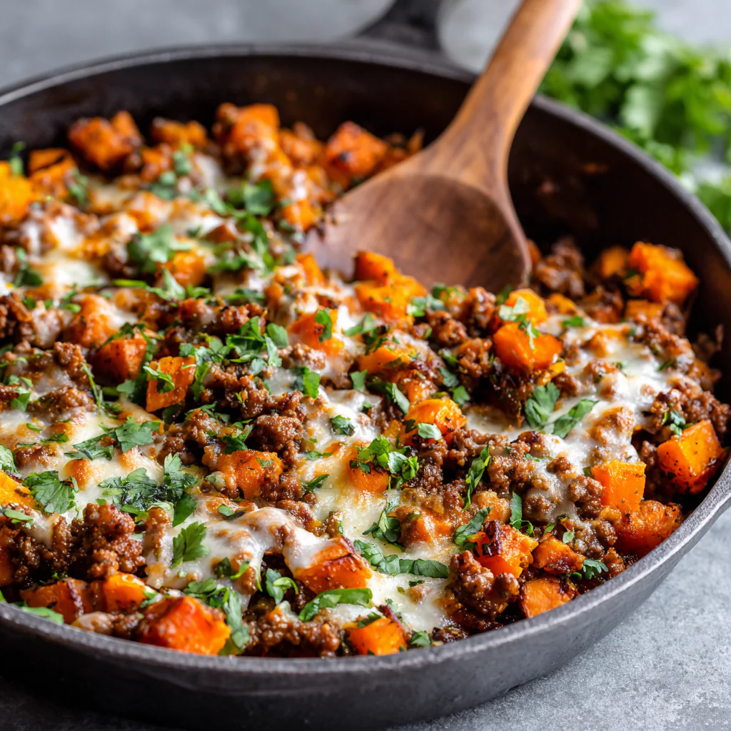 fresh ingredients for One-Pan Ground Beef And Sweet Potato Skillet That Hits All Your Macros