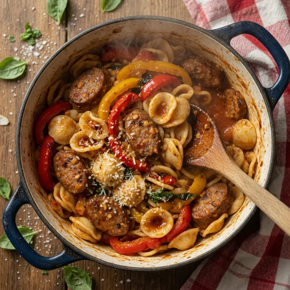 fresh ingredients for One-Pot Sausage & Bell Pepper Orecchiette