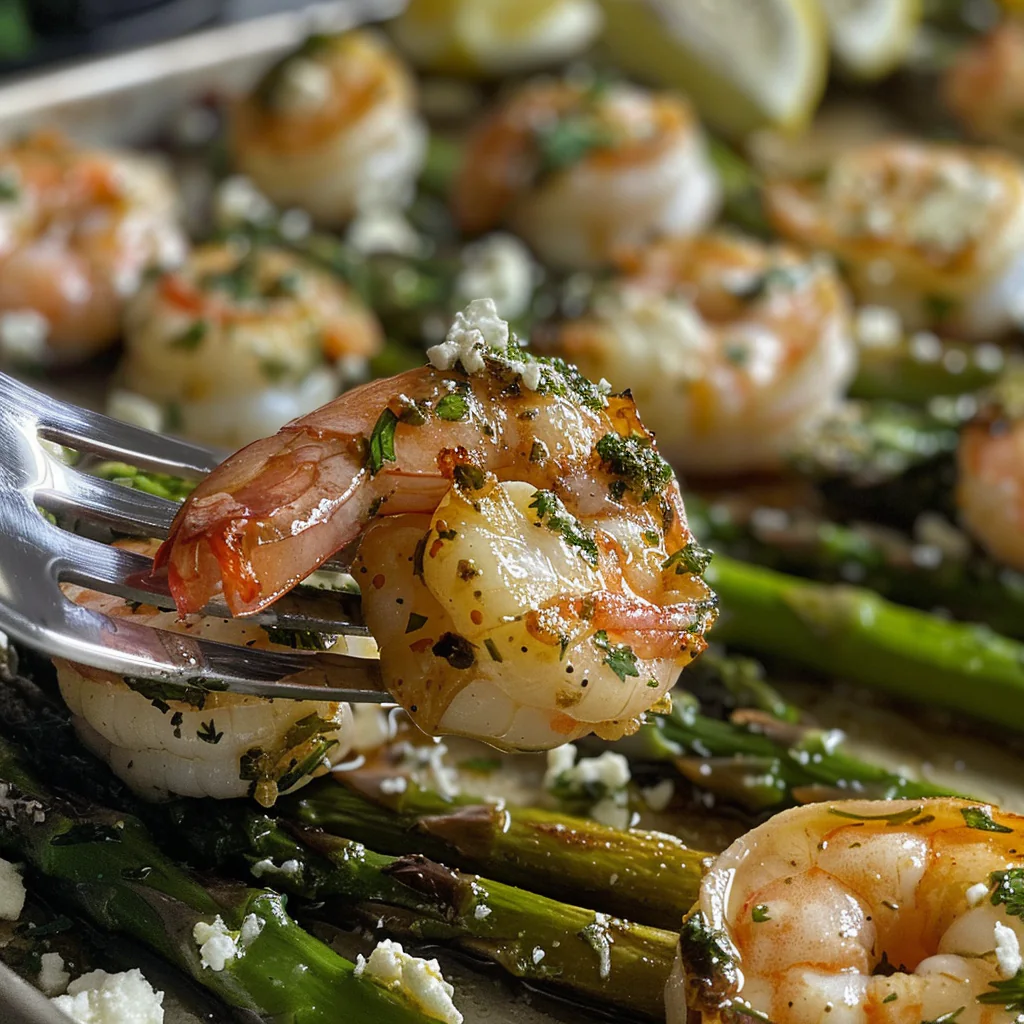 fresh ingredients for Quick & Zesty Sheet Pan Lemon-Herb Shrimp And Asparagus With Feta Crumbles For Busy Weeknight Seafood Dinner