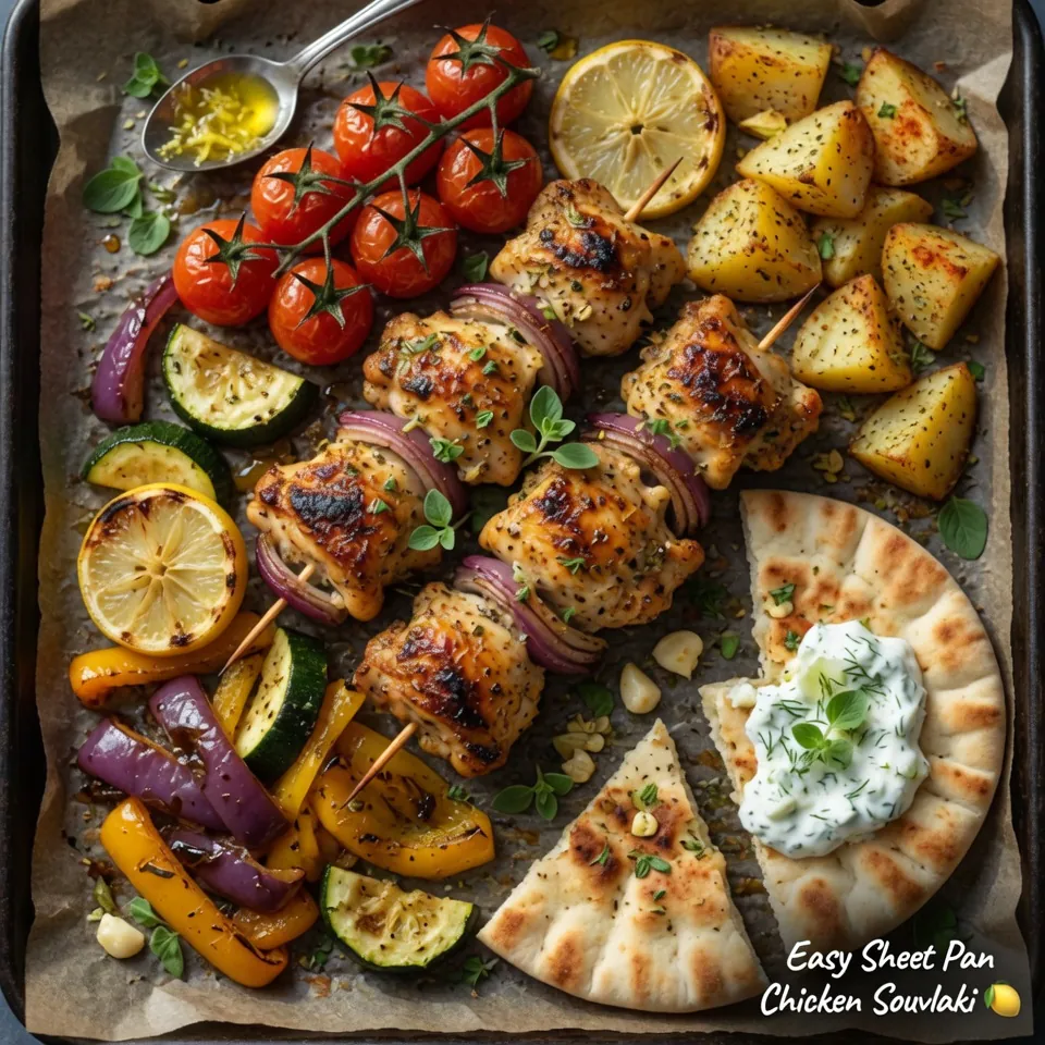 fresh ingredients for Easy Sheet Pan Chicken Souvlaki With Roasted Vegetables And Pita Bread