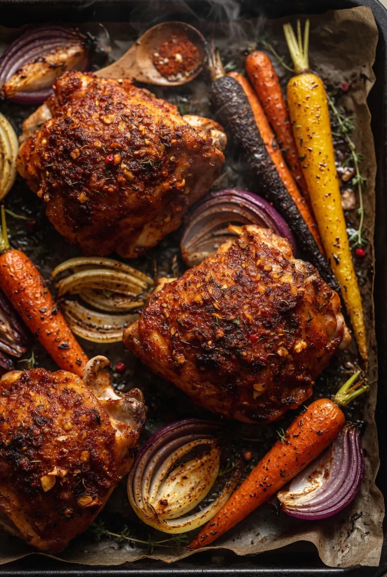 fresh ingredients for Smoked Paprika Chicken Thighs Roasted With Rainbow Carrots And Onions