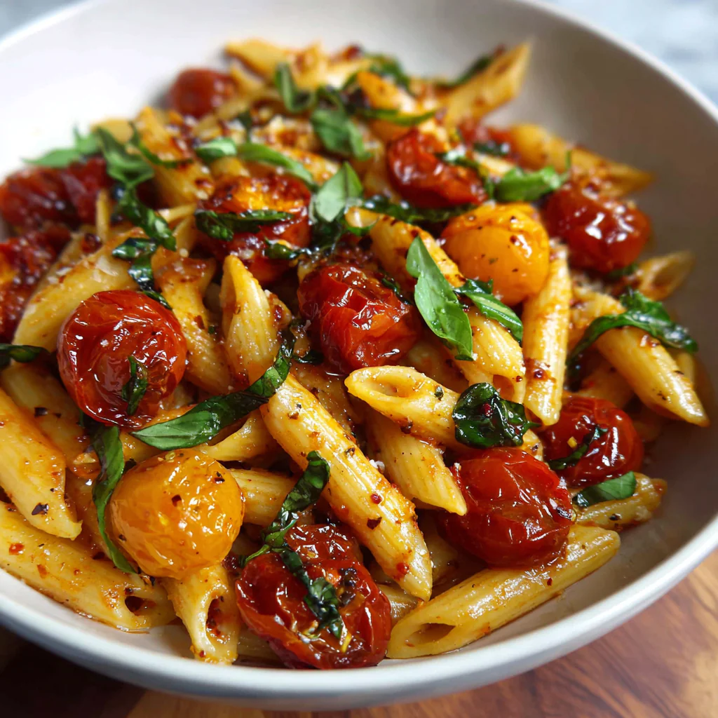 fresh ingredients for Spicy Arrabiata Penne With Burst Cherry Tomatoes And Fresh Basil Leaves