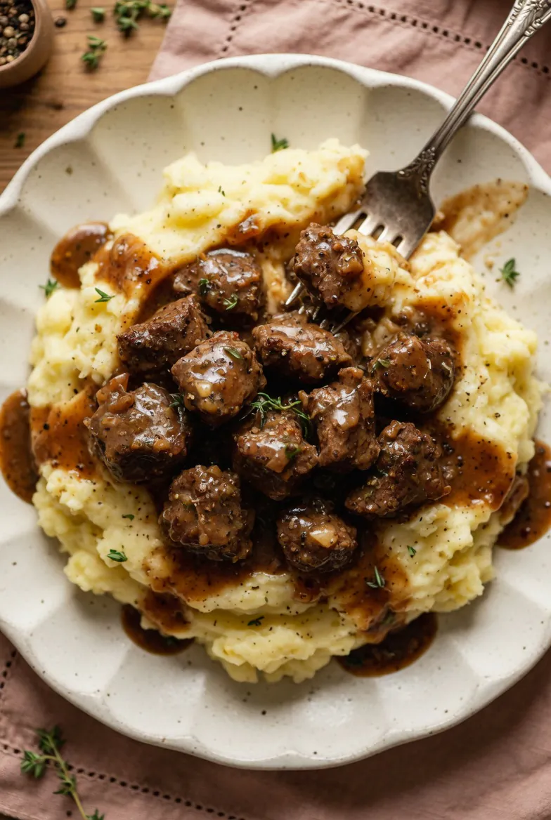 fresh ingredients for Tender Beef Tips And Gravy Served Over Creamy Garlic Mashed Potatoes