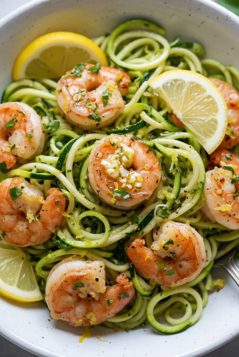 fresh ingredients for Zesty Lemon Garlic Butter Shrimp Tossed With Fresh Zucchini Noodles